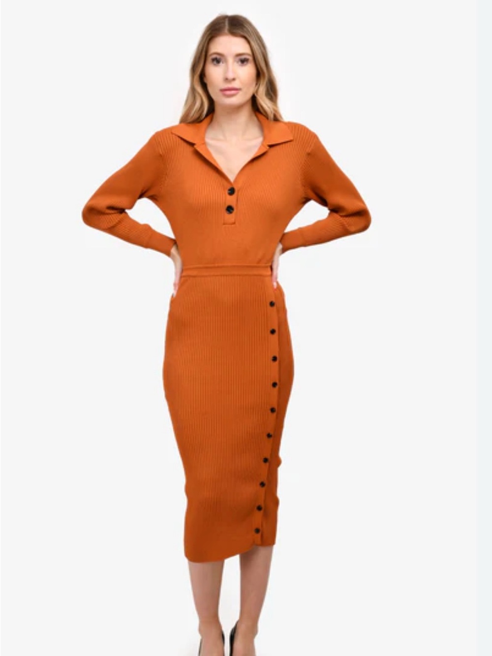 Self-Portrait Ribbed Knit Midi Dress Burnt Orange Long Sleeve Polo Neck XL